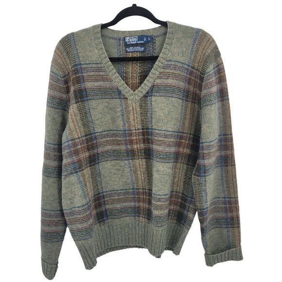 Vintage 80's Polo Ralph Lauren Sweater Wool Alpaca Plaid Cabin Core Green L - Picture 1 of 11